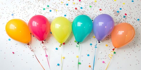 A vibrant row of six colorful balloons including orange pink yellow teal purple and red floats against a confetti strewn white background creating a festive celebratory atmosphere
