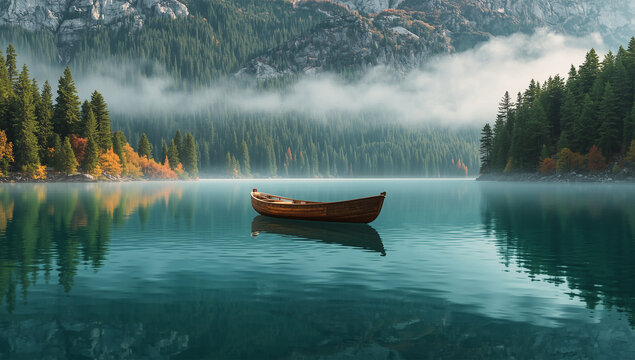 Wooden Boat Floating on Calm Lake with Reflection of Pine Forest and Misty Mountains Beautiful Autumn Nature Landscape Mountain Lake Travel Serenity and Peaceful Wilderness Scenery