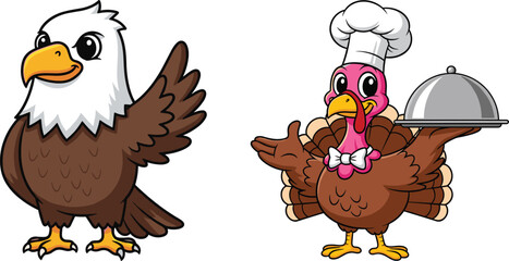 Cartoon Bald Eagle and Funny Chef Turkey – Patriotic and Thanksgiving Characters for Kids, Holiday Designs, and Educational Use