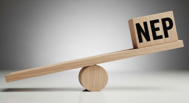 A wooden block with nep on a seesaw balanced on a wooden ball on a white surface