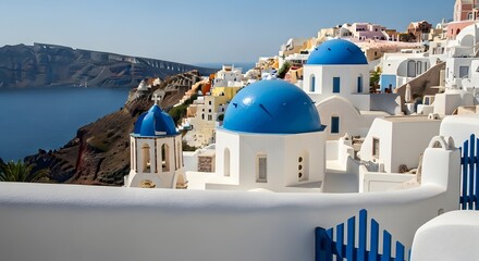 Iconic bluedomed churches and white buildings overlooking the aegean sea in santorini, greece, under a clear blue sky