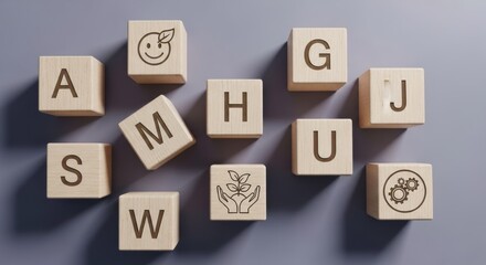 Obraz premium Overhead shot of wooden blocks with letters and symbols on a gray background flatlay