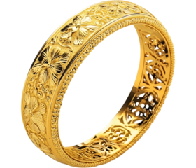 Ornate gold bangle with floral motifs isolated on transparent background