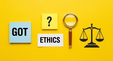 Flat lay of got ethics question mark magnifying glass and scales on yellow background