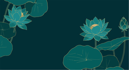 Elegant lotus flower vector with teal and gold outlines, suitable for backgrounds, spa, wellness, and nature-themed designs