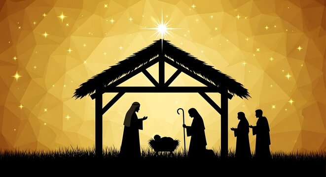 Silhouette of a christmas nativity scene with mary, joseph, baby jesus in a manger, and three wise men under a starry golden sky