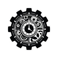 Black and White Clock with Gear Symbol