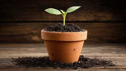 Young plant in a terracotta pot on a wooden surface.