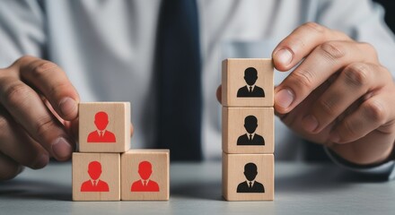 A person arranging wooden blocks with person icons in red and black on a gray table
