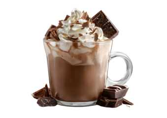 Steaming glass cup of hot chocolate topped with whipped cream and dark chocolate shavings, on white backdrop