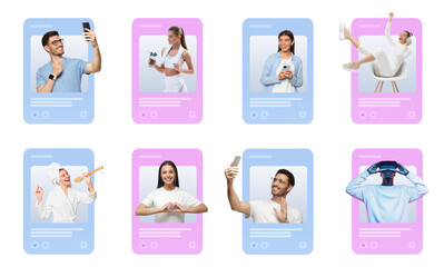 Social media feed, influencers creating personal brand, people sharing content with their followers