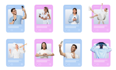 Social media feed, influencers creating personal brand, people sharing content with their followers