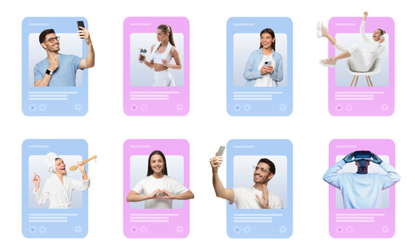 Social media feed, influencers creating personal brand, people sharing content with their followers