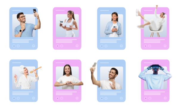 Social media feed, influencers creating personal brand, people sharing content with their followers