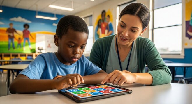 Young black boy learning with tablet while female teacher assists