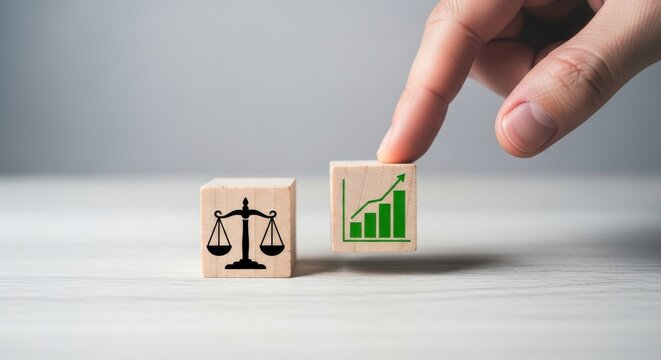 Hand touching a wooden block with a green graph next to a scales wooden block