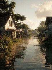 Obraz premium rushing floodwaters overtake the streets of a rural village with homes and vegetation partially submerged reflecting the urgency of rising water levels