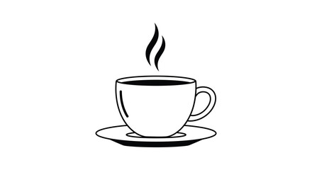 A steaming cup of coffee on a saucer in a simple line drawing style