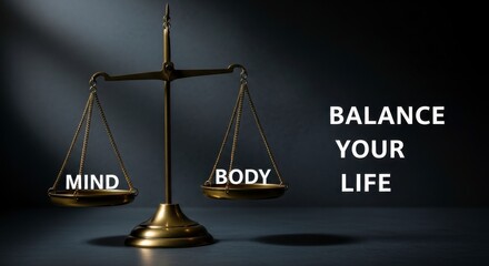 A golden scale balancing mind and body with balance your life text on dark background