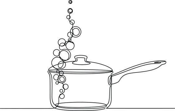 Cooking pot boiling steam kitchen food heat water saucepan single line art - Powered by Adobe