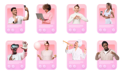 Social media news feed, influencers creating personal brand, people sharing content with followers