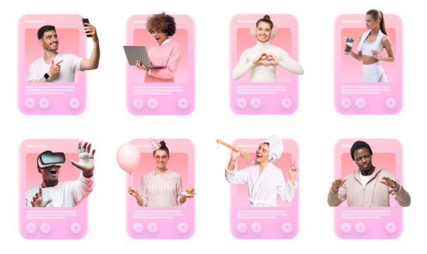 Social media news feed, influencers creating personal brand, people sharing content with followers - Powered by Adobe