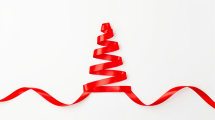 Creative red ribbon shaped like a Christmas tree on white background