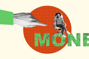 Image full pop trend collage of happy businesswoman millionaire sit chair hand point money dollar...