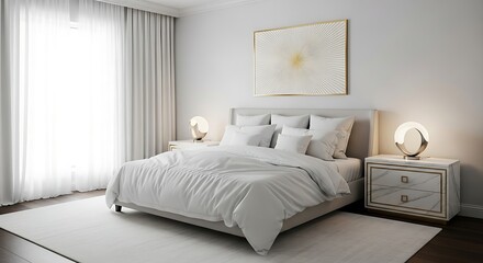 Modern bedroom interior with white bed, furniture and decor in minimalist style