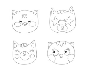 Cute cat faces outline collection – four cartoon designs with unique expressions, perfect for stationery, kids’ art, coloring pages, or animal-themed decorations.