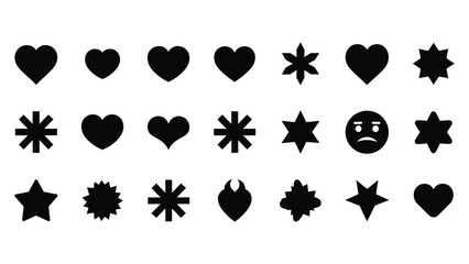Collection of Black Silhouettes of Hearts, Stars, and a Sad Emoji on White Background