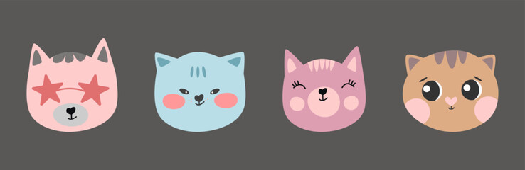 Cartoon pastel cat face set – charming illustrations in soft colors on black background, great for nursery artwork, children’s stationery, and animal-themed crafts.