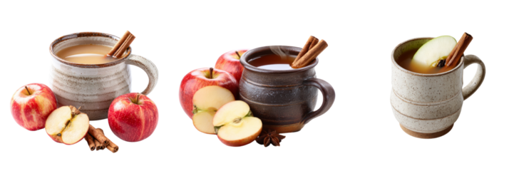 Warm christmas apple cider in rustic mugs kitchen setting transparent background cozy atmosphere