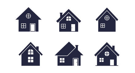 A set of six simple dark blue house icons with white details