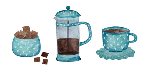 Watercolor turquoise coffee set. Cup, sugar bowl with cane sugar, and French press with coffee. Isolated on white.