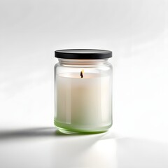A lit white wax candle burns inside a clear glass jar with a black metal lid on a white studio background.
