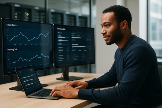 Professional data analyst working on machine learning metrics using laptop and dual monitors in modern office with light background concept.. Ai generative
