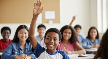 Young boy raising hand in classroom with diverse classmates present