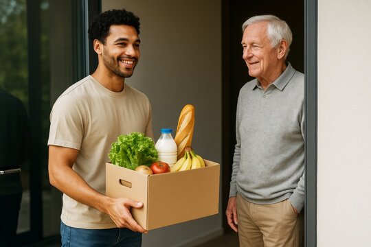 Young man delivering groceries to smiling elderly man at front door, promoting community support and kindness on neutral background. Ai generative