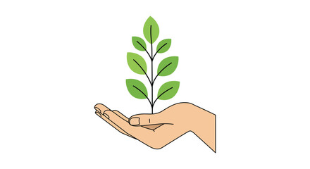 A hand holding a small green plant with leaves growing