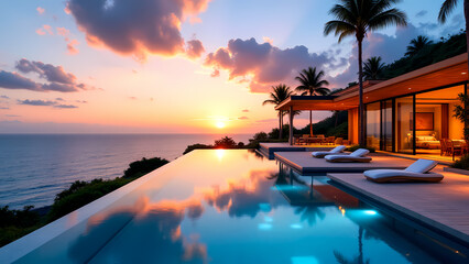 Luxurious modern villa with infinity pool overlooking ocean at sunset, surrounded by palm trees and lush greenery, creating serene and tranquil atmosphere