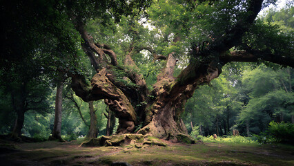 Massive ancient oak tree with gnarled moss-covered trunk in a sun-dappled forest