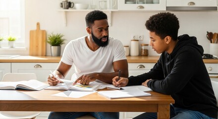 Father helping son with homework at kitchen table indoors  