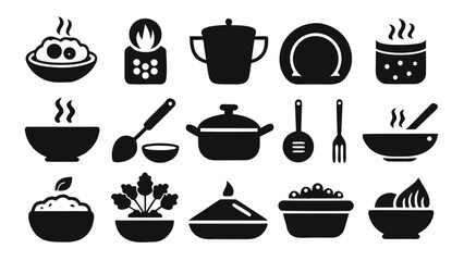 Collection of black kitchenware and food icons cooking bowls