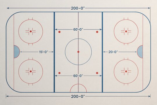 Ice hockey rink diagram with measurement markers and red-blue layout on light background, illustrating sport concept and field layout clearly. Ai generative - Powered by Adobe