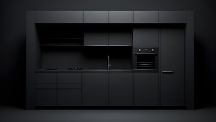 A sleek and modern black kitchen with minimalist design, featuring cabinets, appliances, and a clean countertop in a dark room