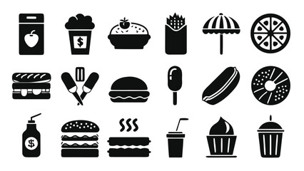 Fast food icons including burgers sandwiches drinks and desserts fries