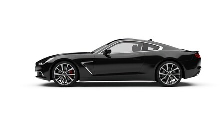 Sleek black sports car shown in a side view, isolated on a white background.