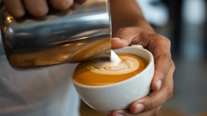 Latte art pouring creating heart design in coffee cup beverage preparation - Powered by Adobe