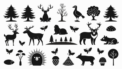 Forest animals trees plants and nature elements deer bear